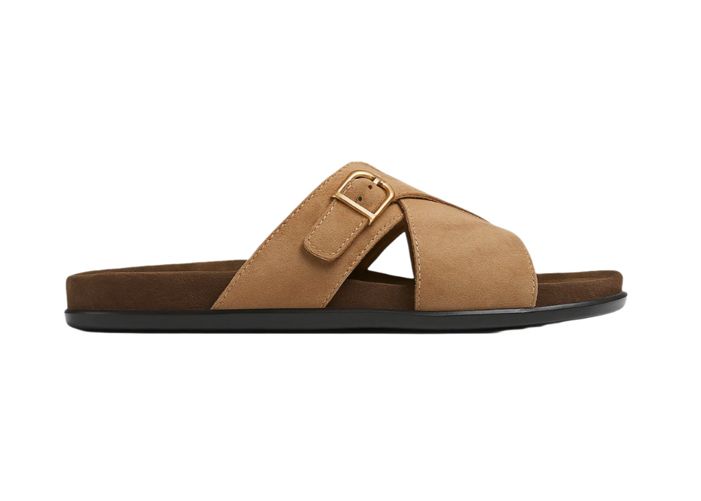 BEIGE BROWN LEATHER SLIDES